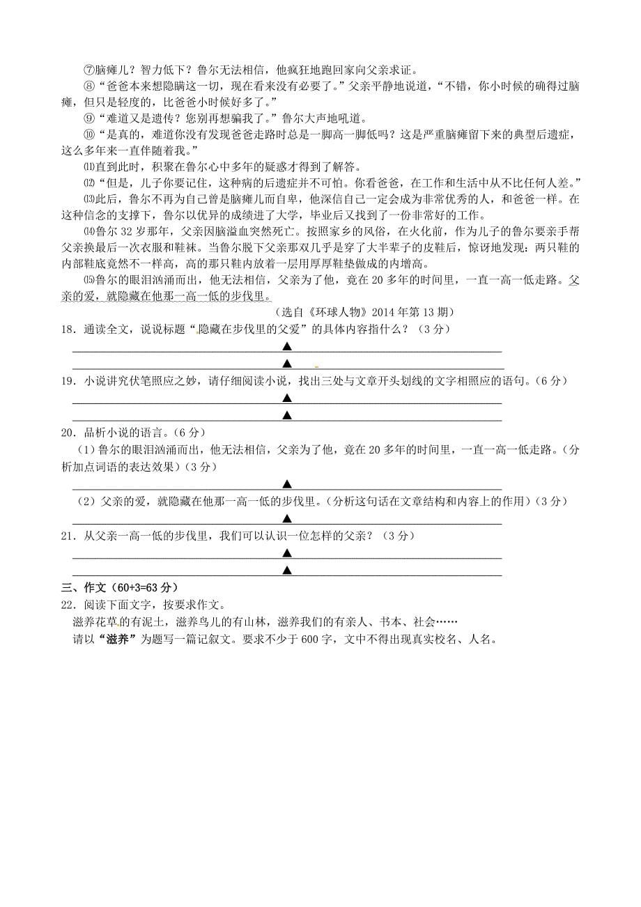 江苏省宝应县2015届九年级语文上学期期中试题 新人教版_第5页