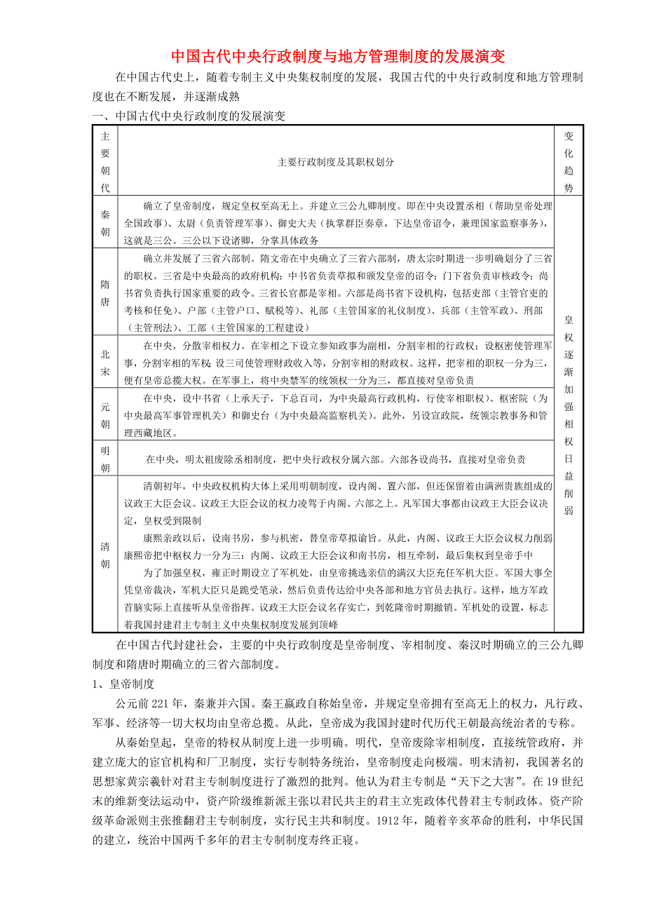 高考历史总复习 中国古代史对外关系基础知识专题（四） 中国古代中央行政制度与地方管理制度的发展演变_第1页