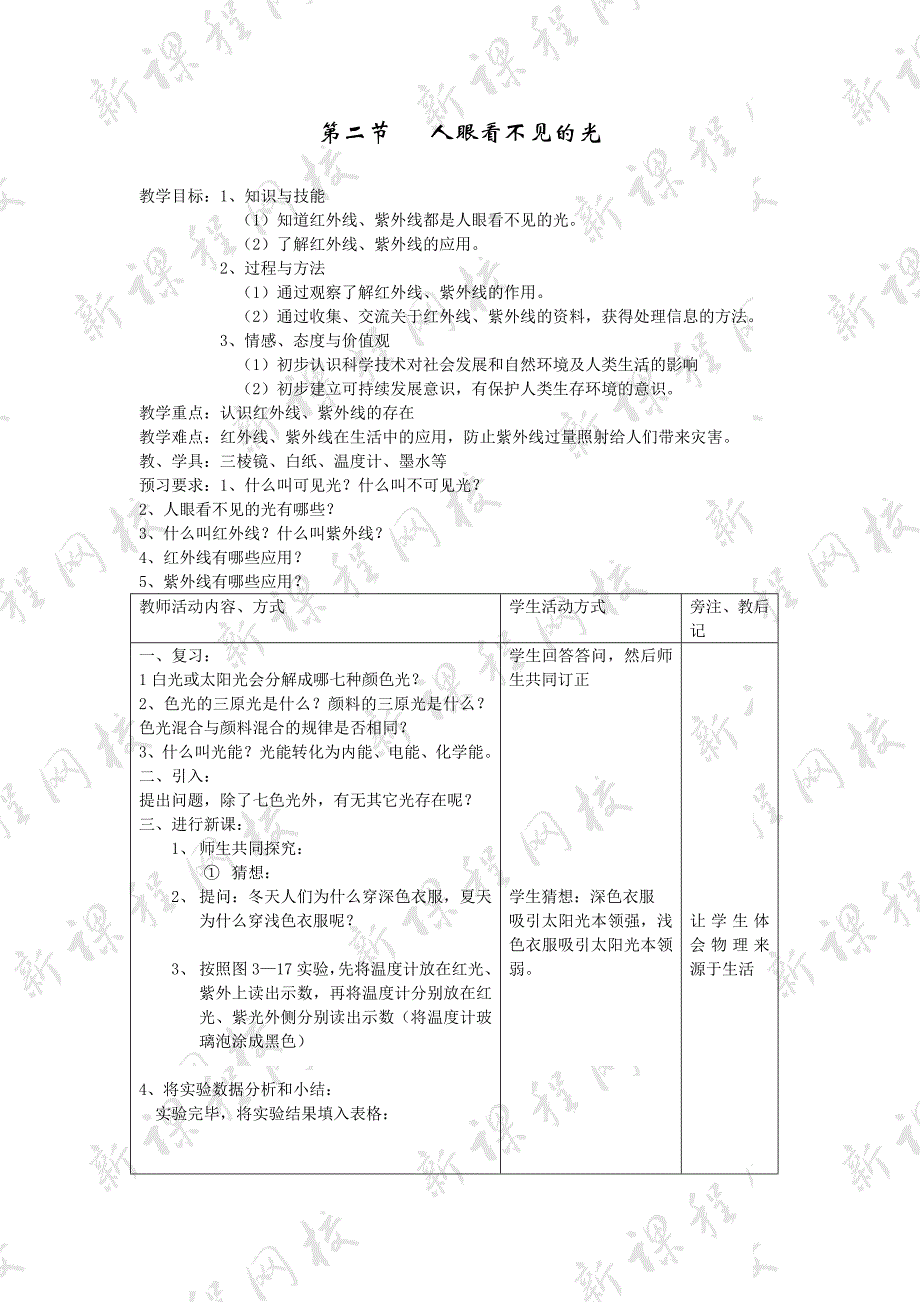 3.2 人眼看不见的光 教案 苏科版八年级上册2.doc_第1页