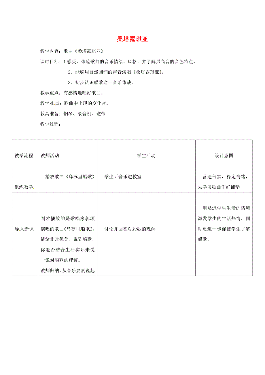 山东省茌平县洪屯中学初中音乐 桑塔露琪亚教学案_第1页