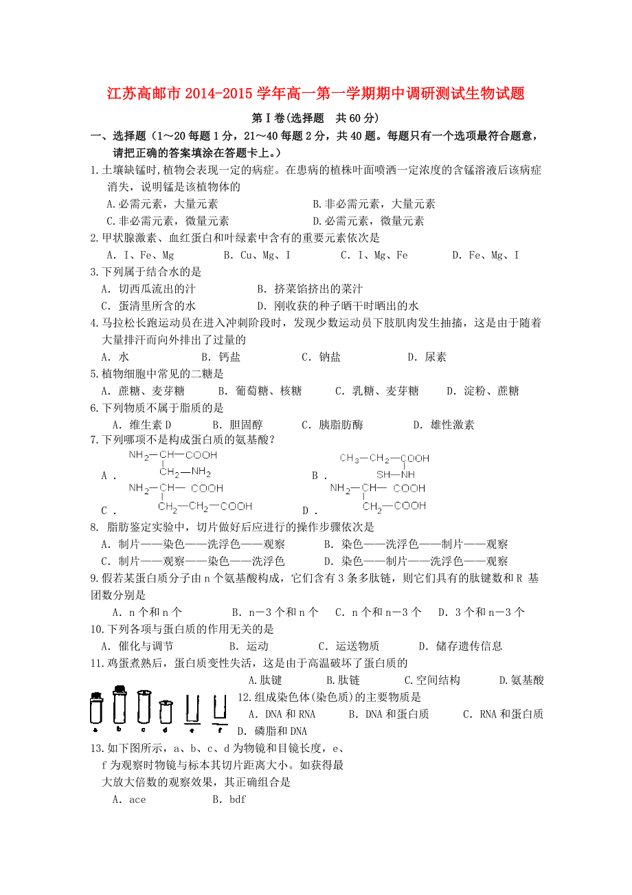 江苏高邮市2014-2015学年高一生物第一学期期中调研测试试题_第1页