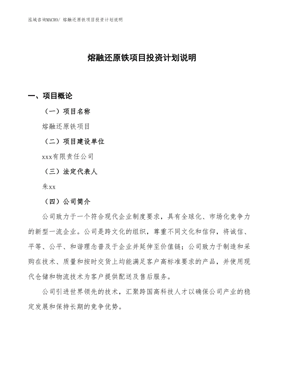 熔融还原铁项目投资计划说明_第1页