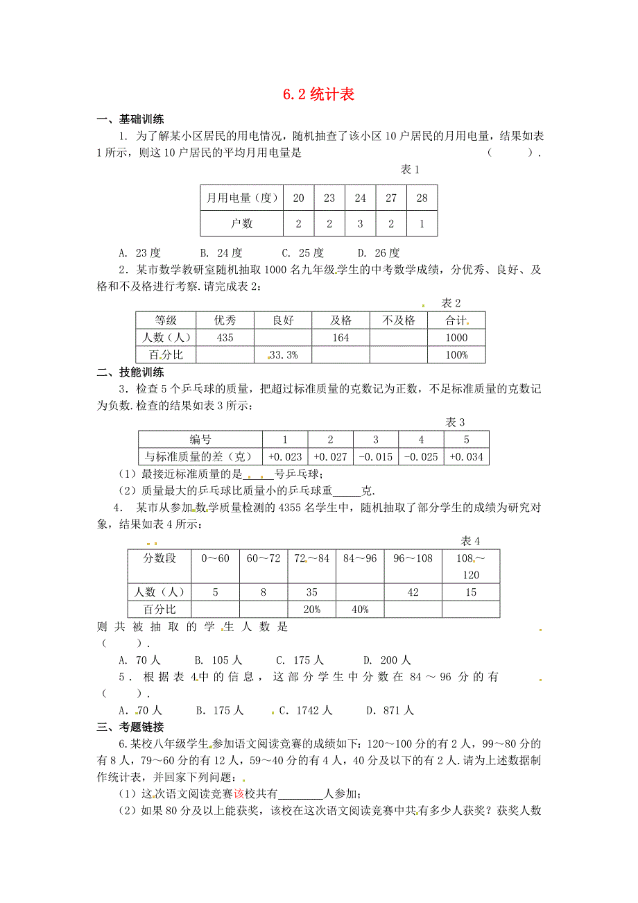 七年级数学上册 6.2 统计表同步练习 浙教版_第1页