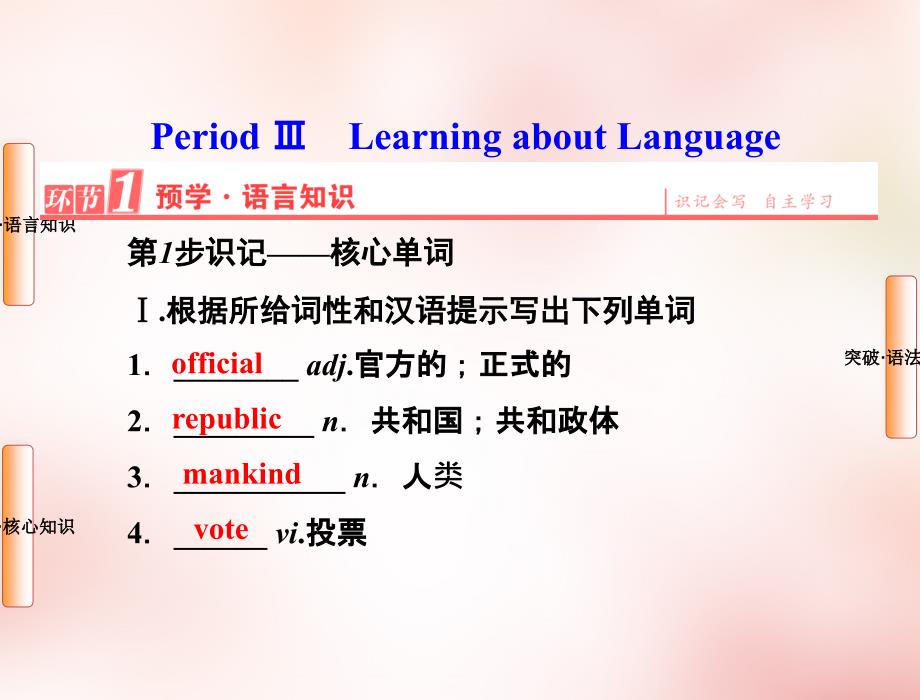 2017-2018学年高中英语 第五单元 periodⅲ learning about language课件 新人教版必修1_第1页