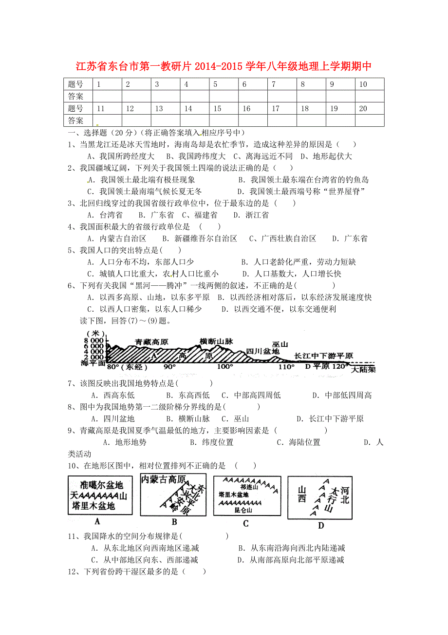 江苏省东台市第一教研片2014-2015学年八年级地理上学期期中试题 新人教版_第1页