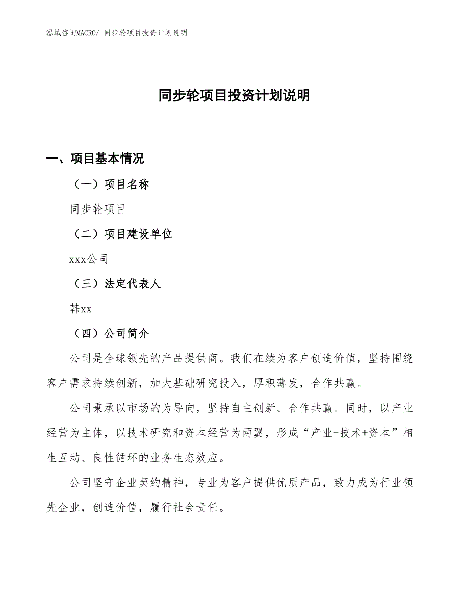 同步轮项目投资计划说明_第1页