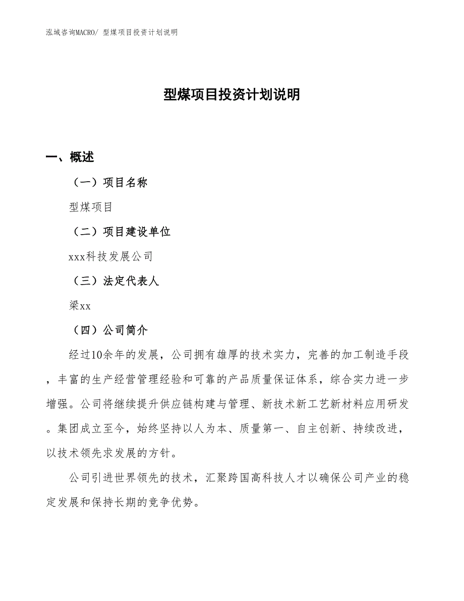 型煤项目投资计划说明_第1页