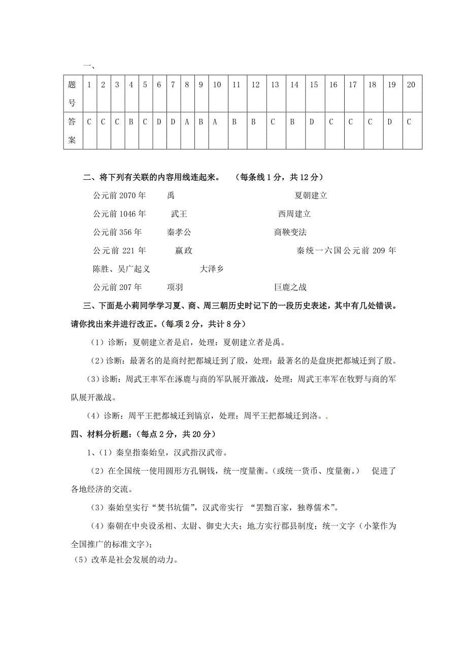 山东省高青县2011-2012学年七年级上学期期中考试历史试题_第5页