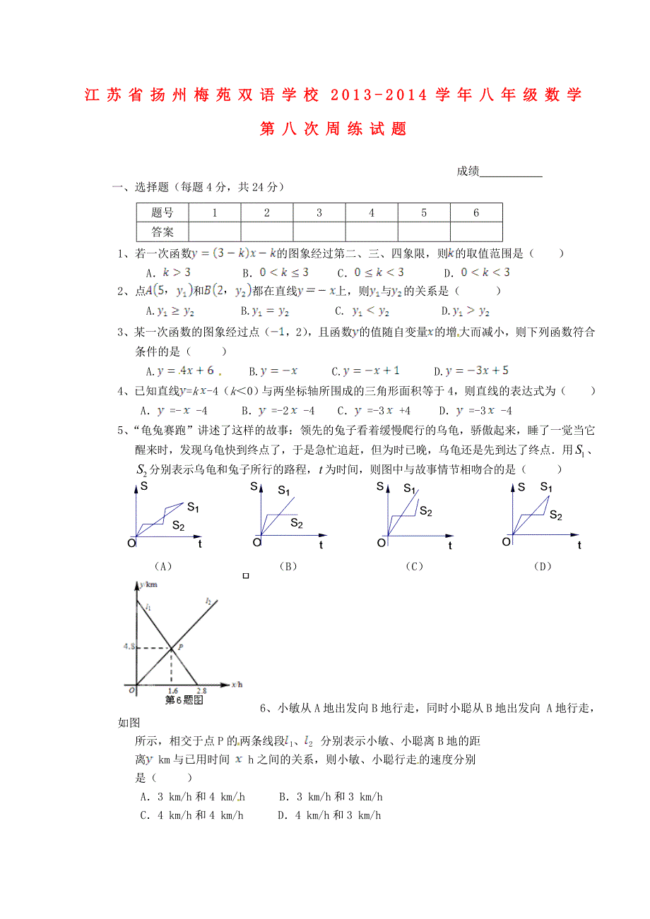 江苏省扬州梅苑双语学校2013-2014学年八年级数学第八次周练试题（无答案）_第1页