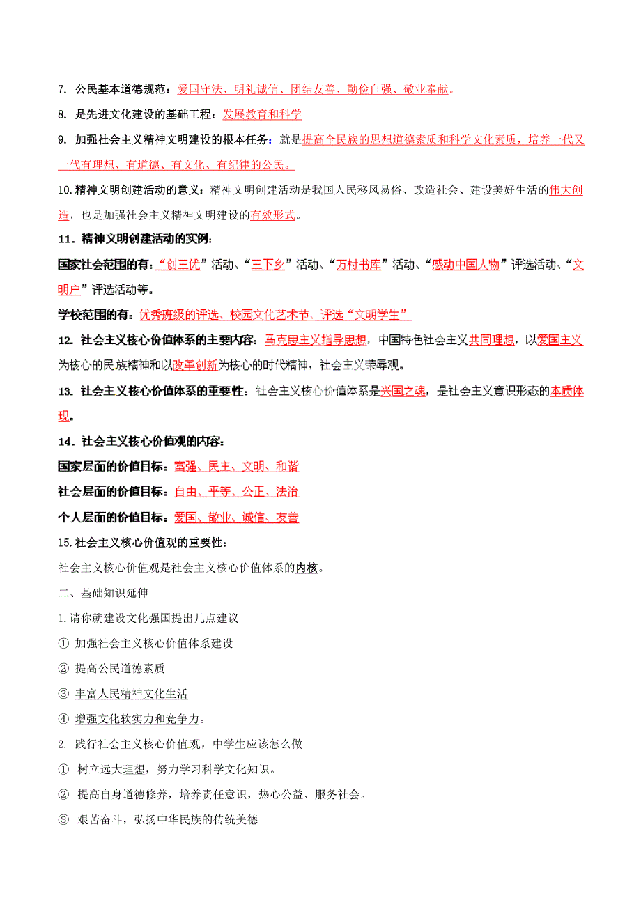 2015年九年级政治寒假作业 专题14 发展社会主义先进文化、精神文明建设（学）_第2页