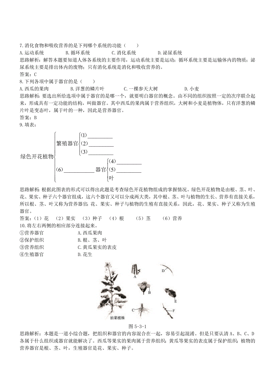 七年级生物上册 1.5.3多细胞生物体同步优化分层精练（解析版） 冀少版_第3页