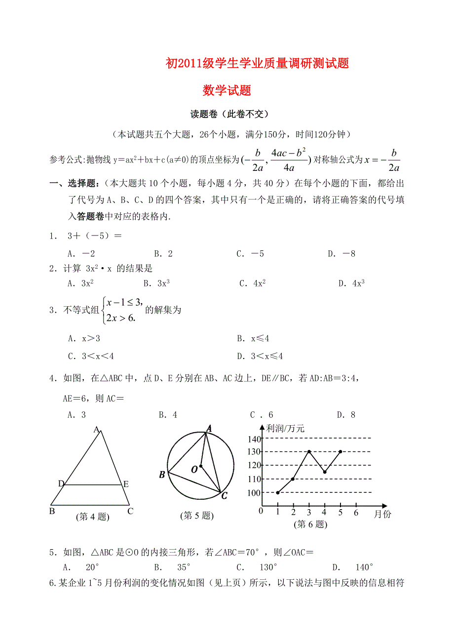 2011级初中数学学业质量调研测试题 人教新课标版_第1页