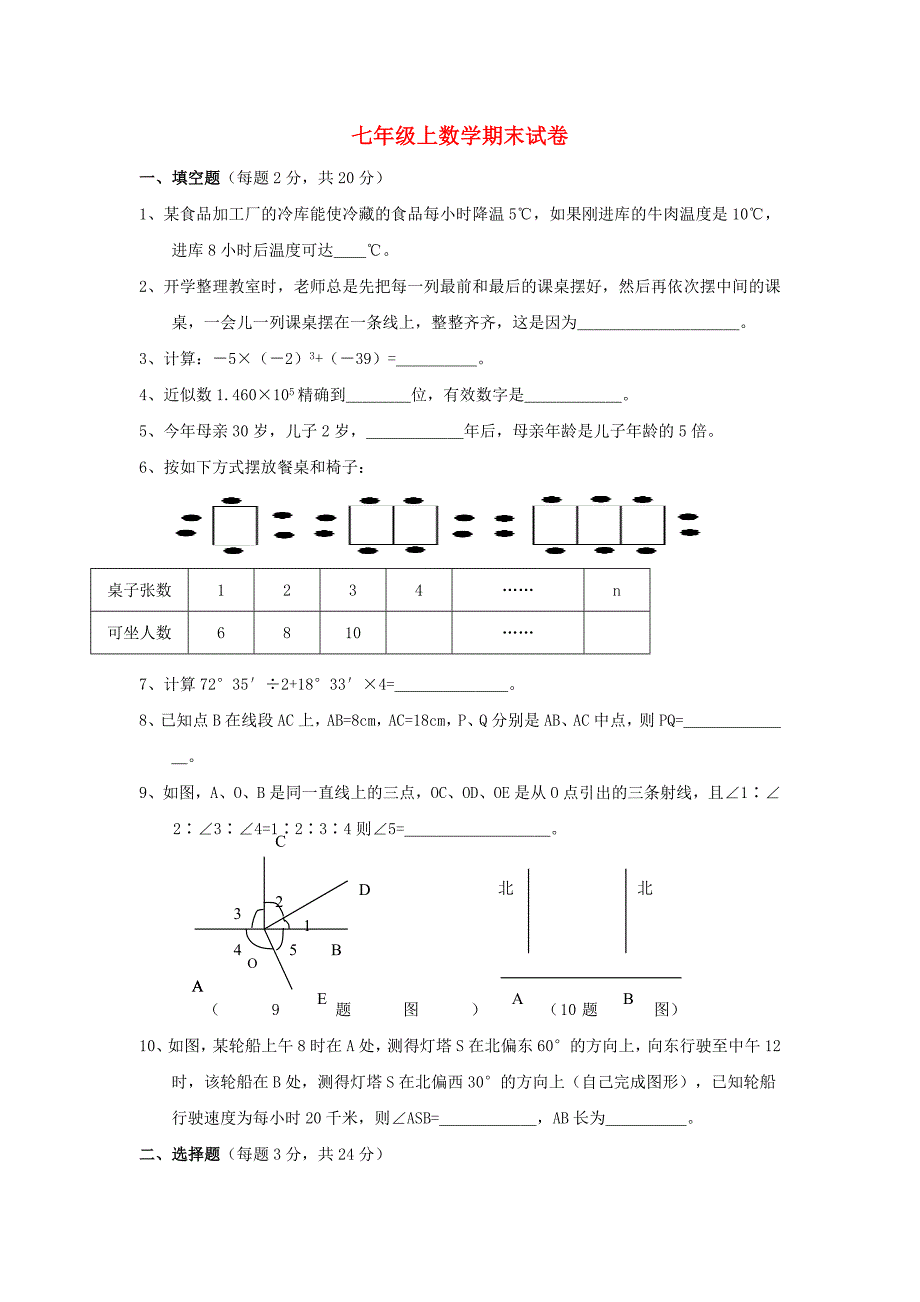 七年级数学上册 期末考试试题 人教新课标版_第1页