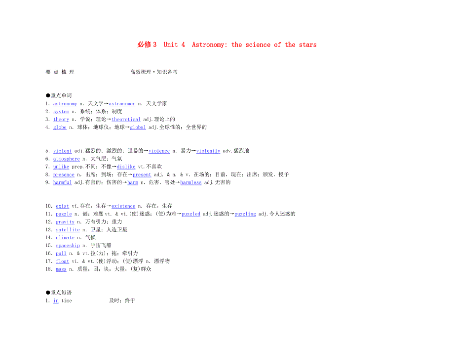 2011年高考英语 经典实用 unit 4 astronomy the science of the stars要点梳理+重点突破 新人教版必修3_第1页