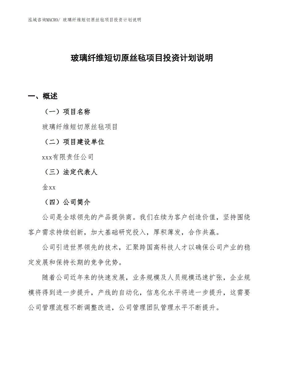 玻璃纤维短切原丝毡项目投资计划说明_第1页