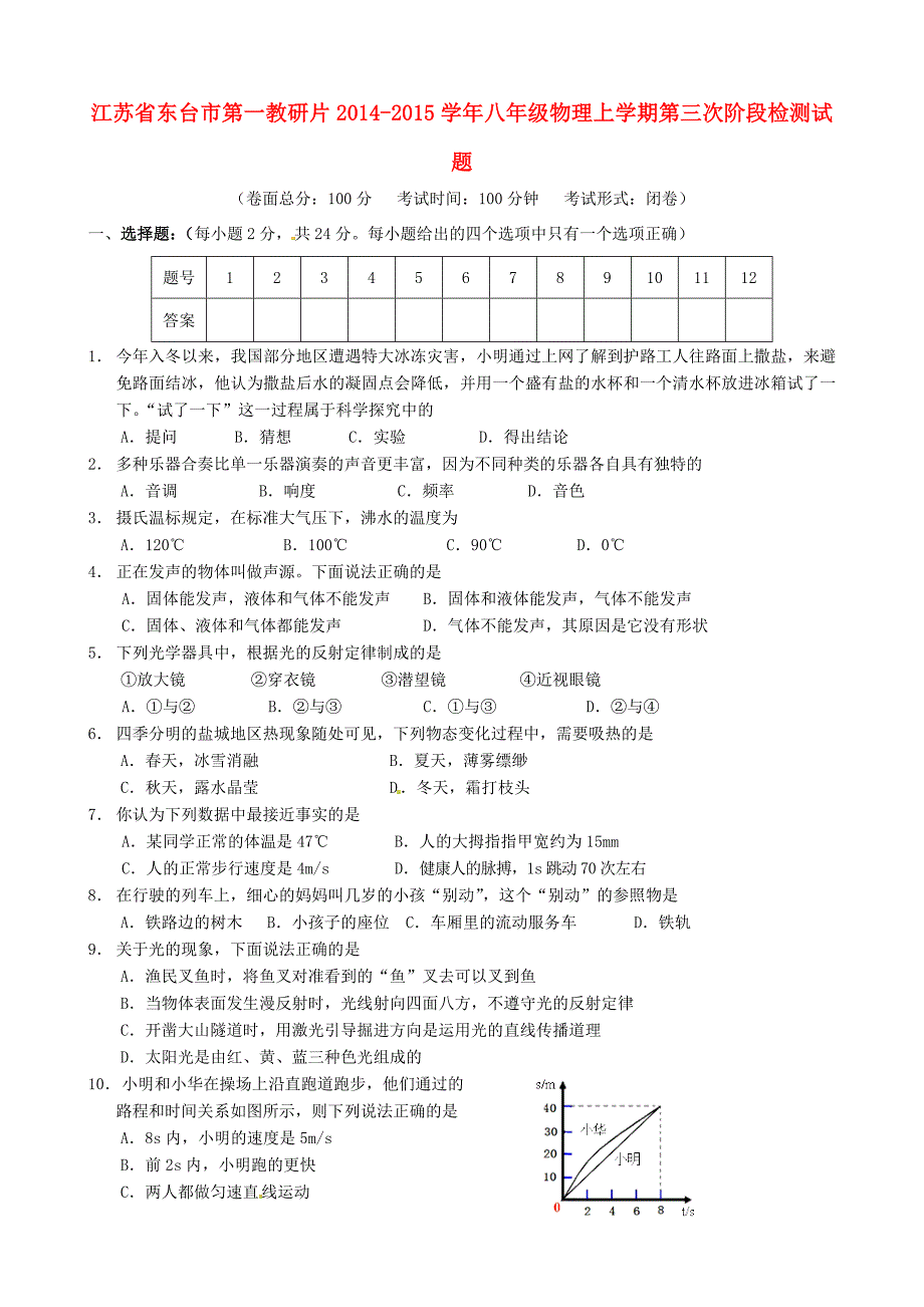 江苏省东台市第一教研片2014-2015学年八年级物理上学期第三次阶段检测试题_第1页