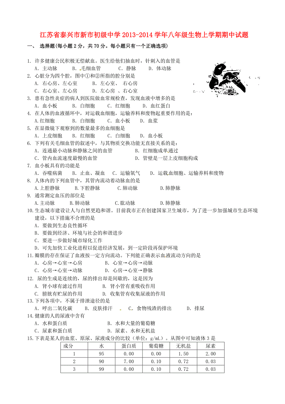 江苏省泰兴市新市初级中学2013-2014学年八年级生物上学期期中试题 苏教版_第1页