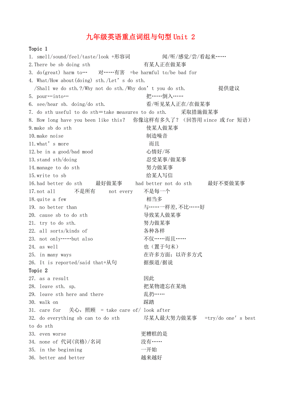 九年级英语上册 unit 2重点词组与句型 仁爱版_第1页