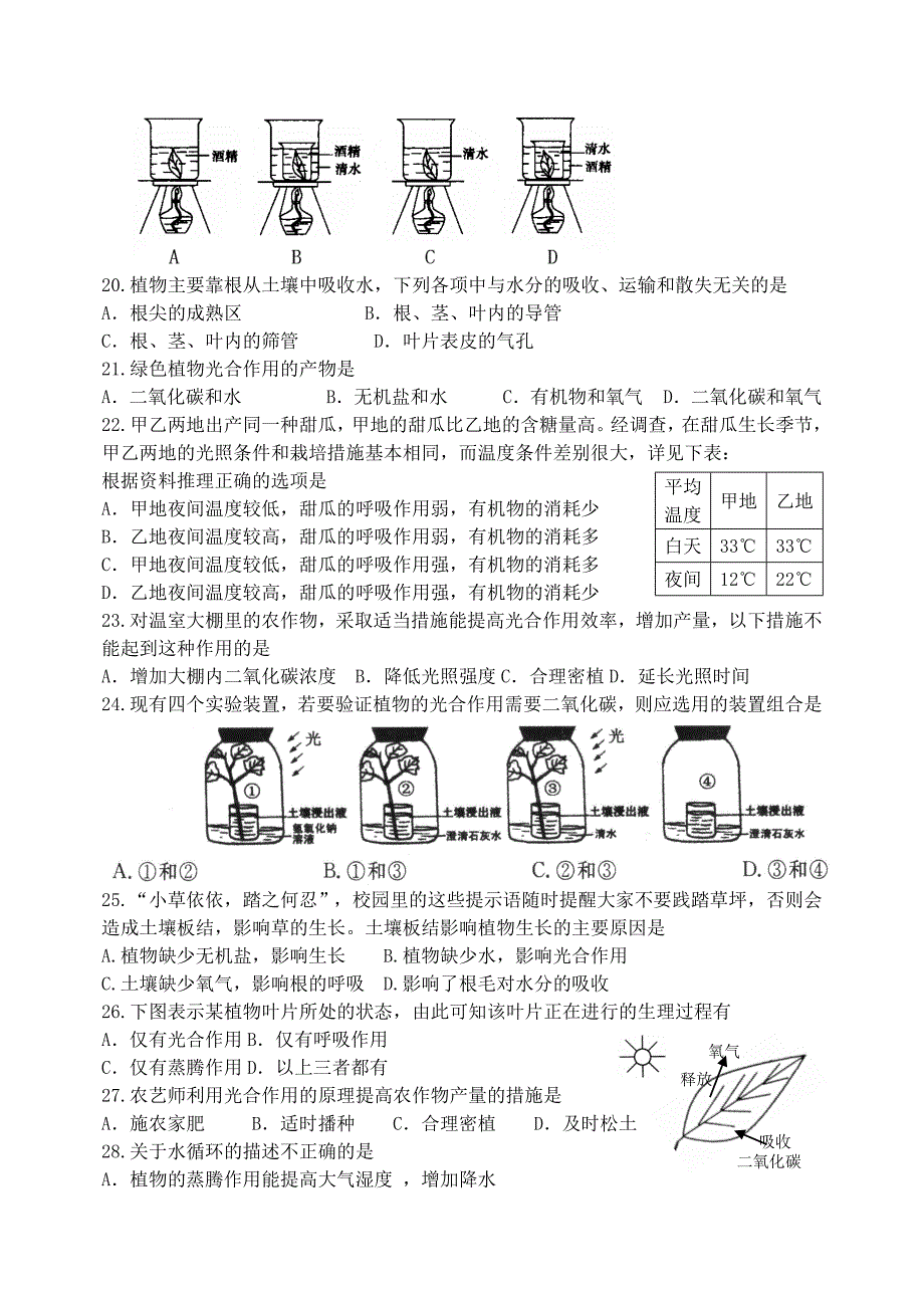 七年级生物上册 植物的三大作用试题汇编（无答案） 济南版_第3页