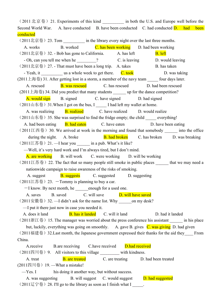 2011年高考英语 分类汇编之单项选择_第3页