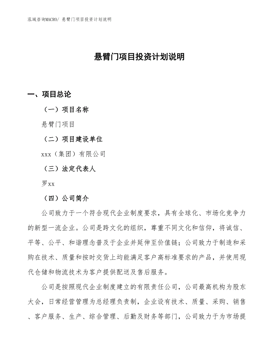 悬臂门项目投资计划说明_第1页