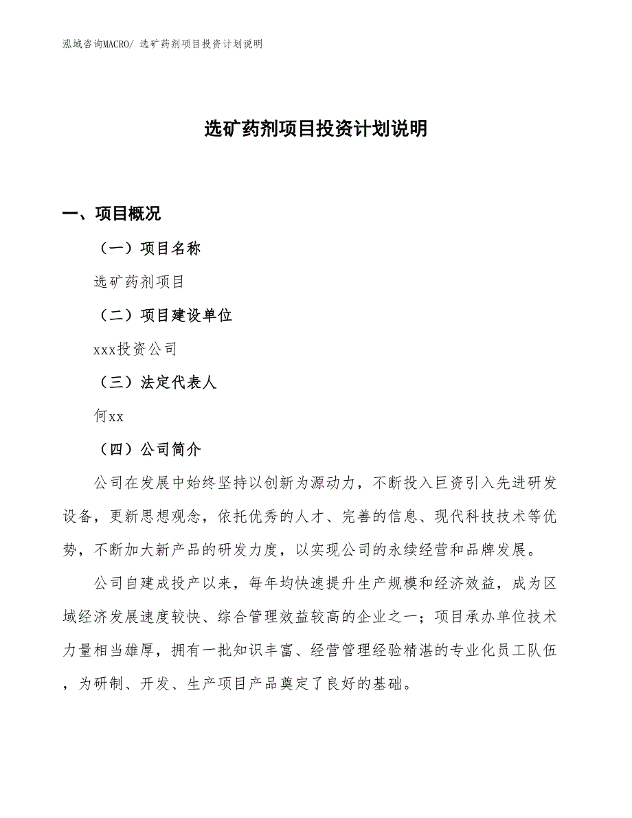 选矿药剂项目投资计划说明_第1页