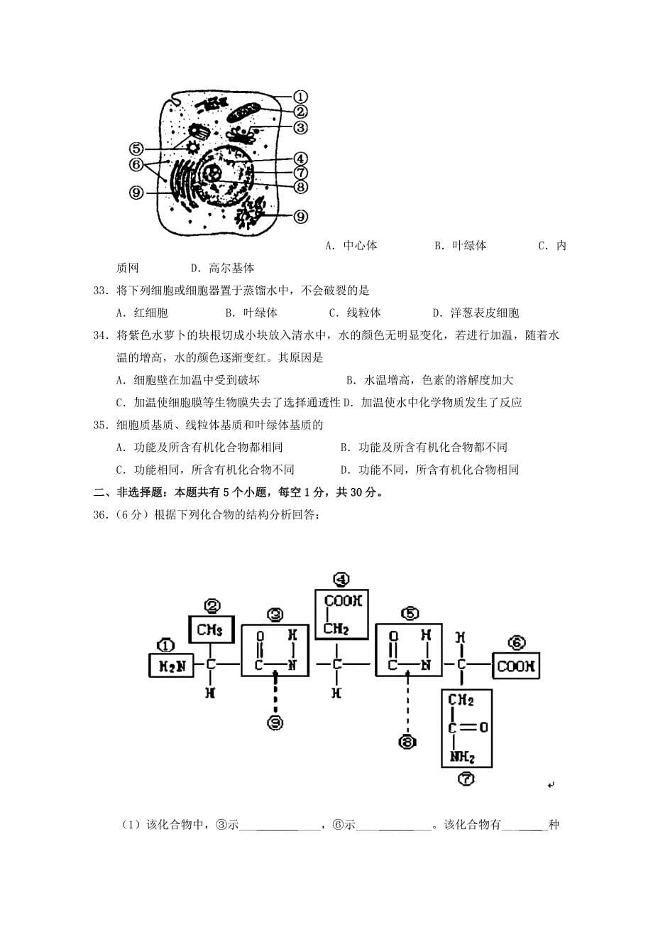 江苏省南京市河西分校2014-2015学年高一生物上学期期中试题_第5页