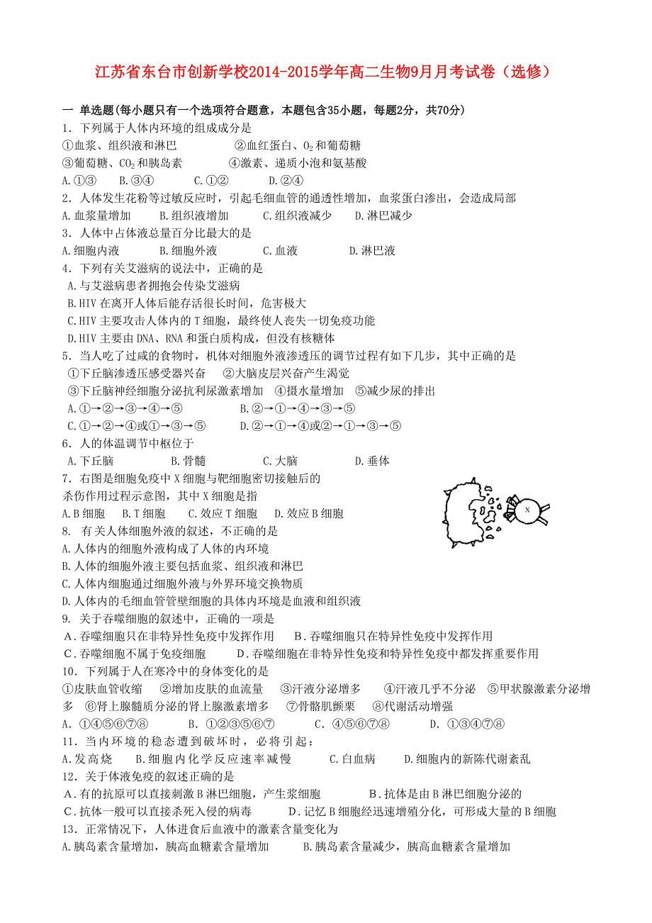 江苏省东台市创新学校2014-2015学年高二生物9月月考试卷（选修）_第1页