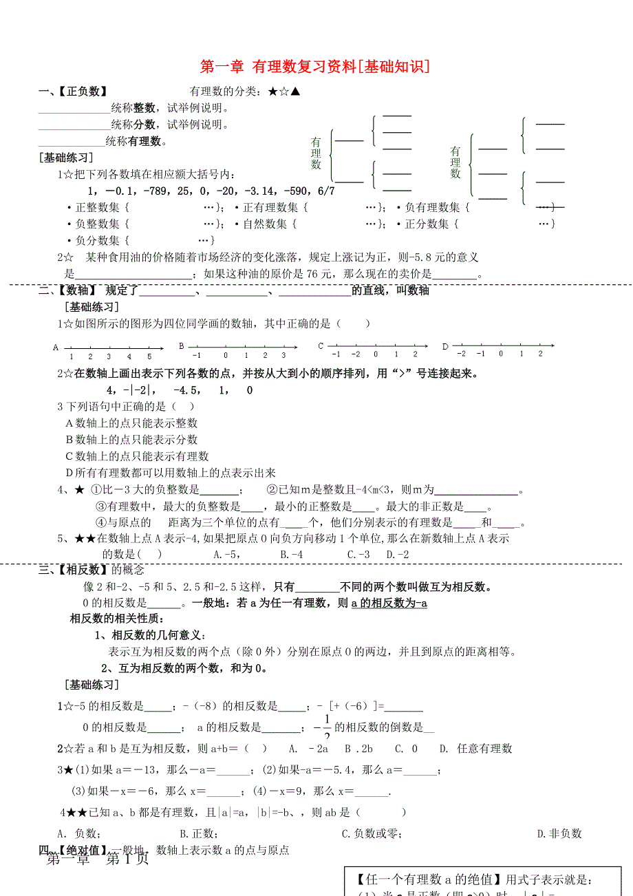 七年级数学 第一章 有理数复习资料[基础知识] 人教新课标版_第1页