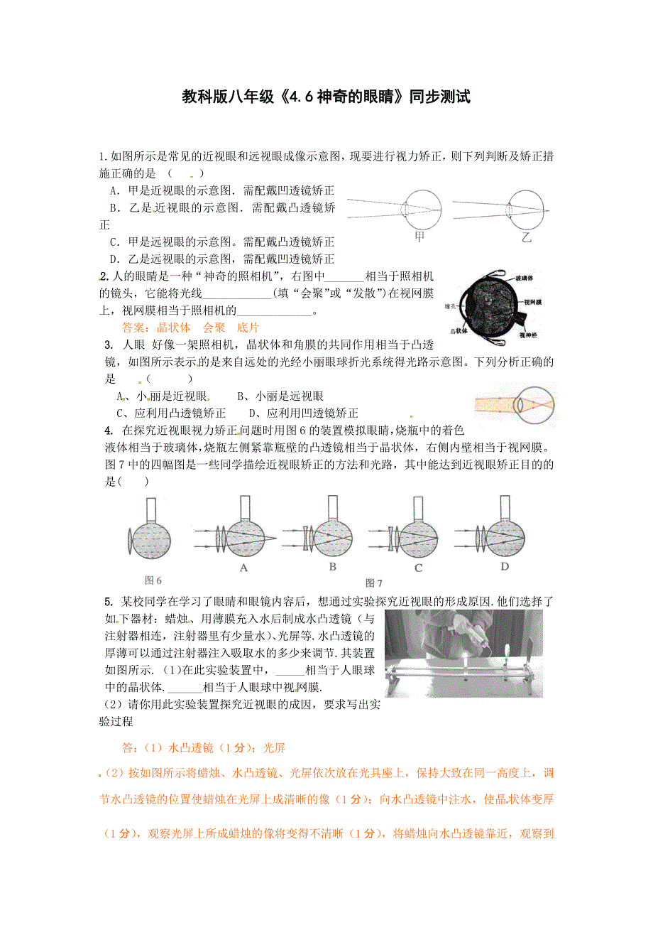 4.6 神奇的眼睛 每课一练（教科版八年级上册）.doc_第1页