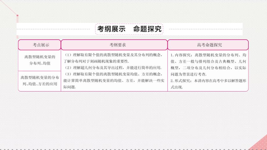 2018高考数学一轮复习第十二章概率与统计12.2.1离散型随机变量的分布列均值课件理_第3页