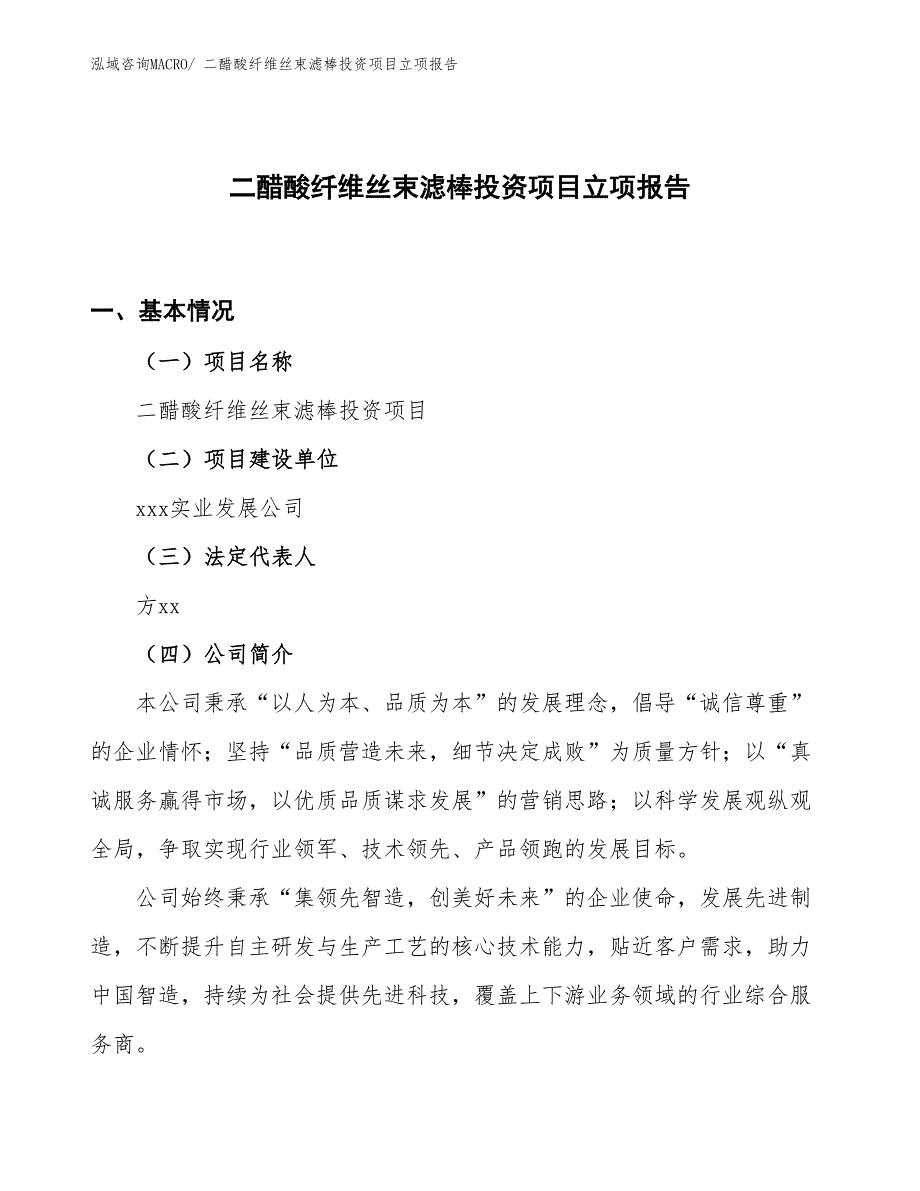 二醋酸纤维丝束滤棒投资项目立项报告_第1页