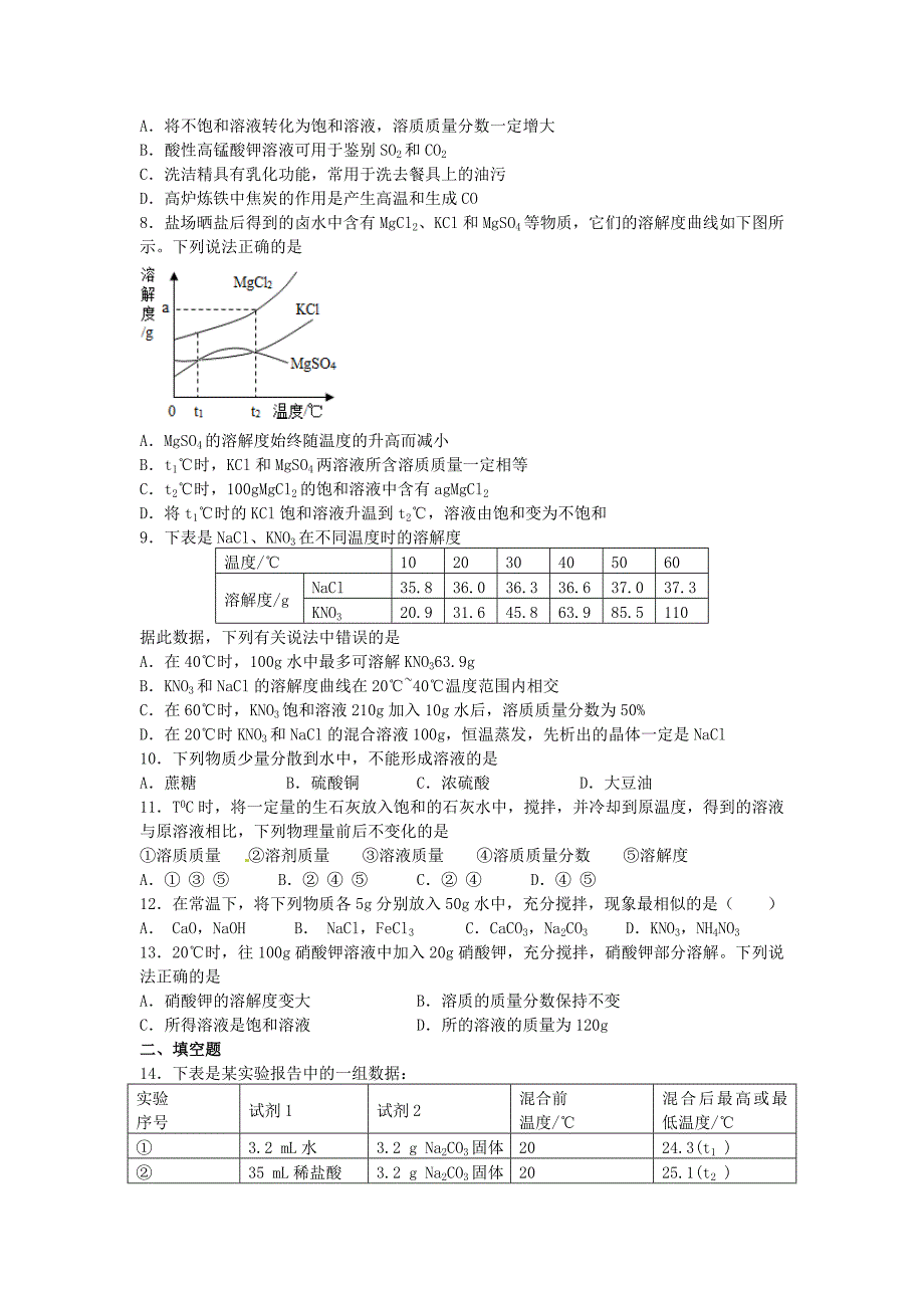 2015年中考化学二轮专项复习练习 溶液_第2页