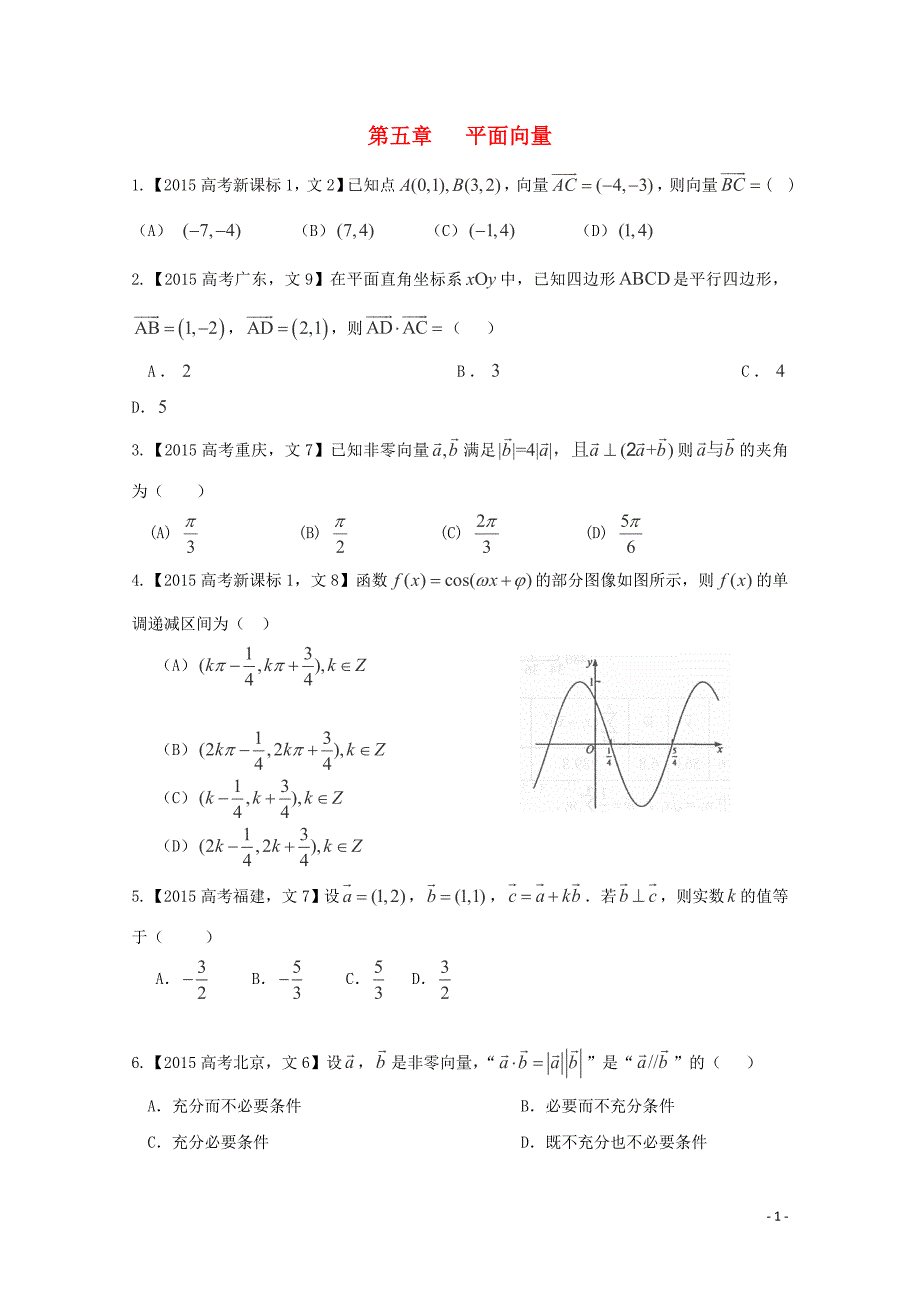 2015年高考数学真题分类汇编 专题05 平面向量 （2） 文_第1页