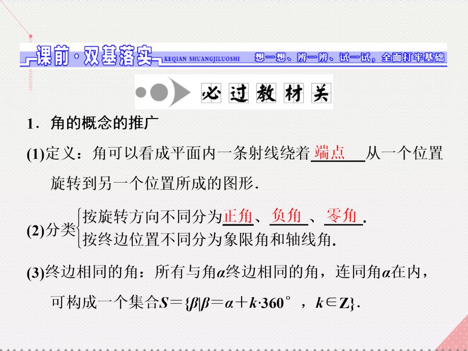 江苏专用2018届高三数学一轮总复习第四章三角函数解三角形第一节蝗制及任意角的三角函数课件文_第2页