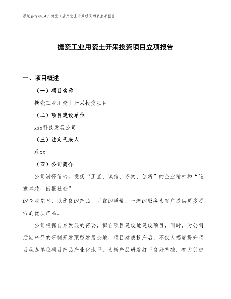 搪瓷工业用瓷土开采投资项目立项报告_第1页