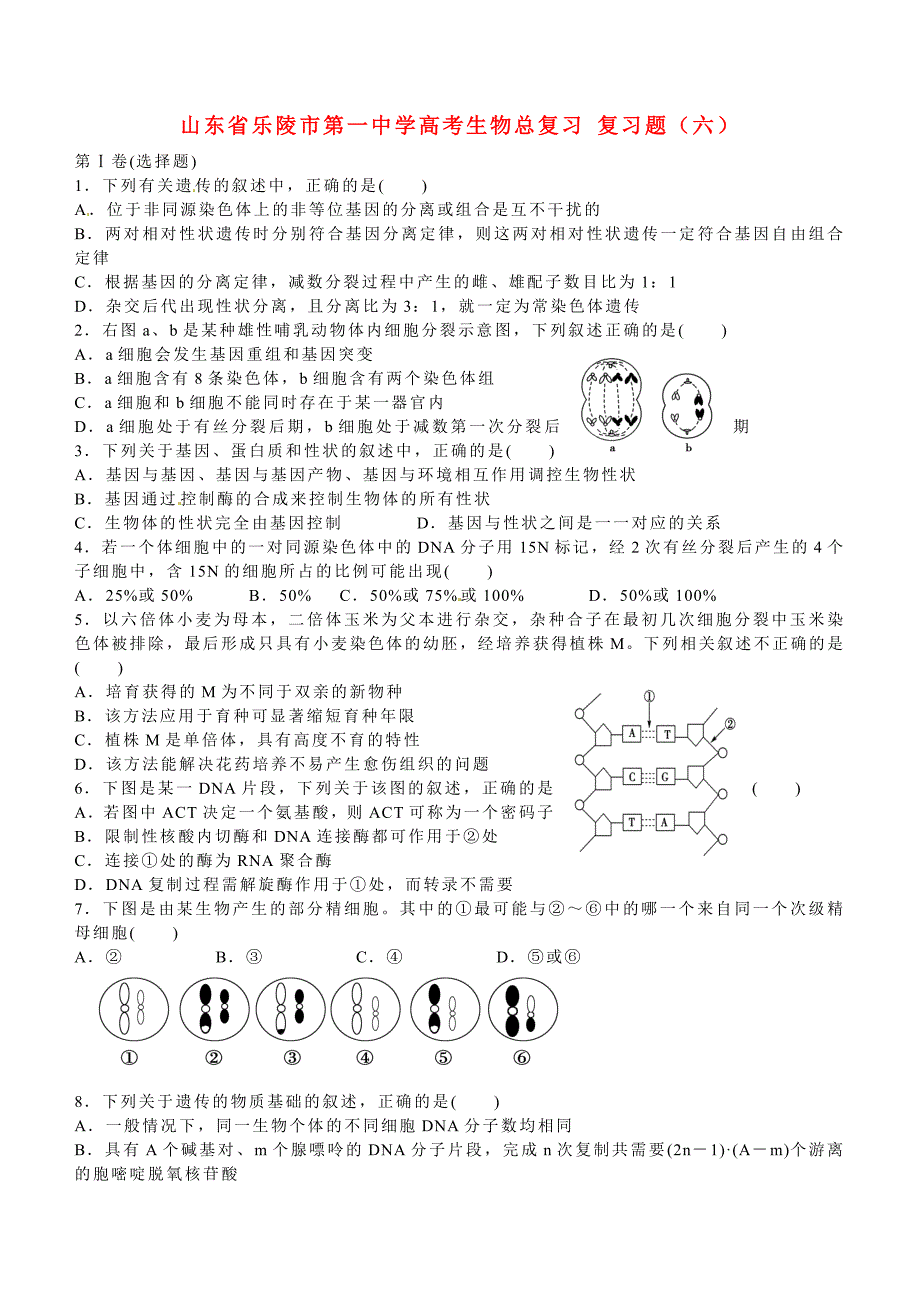 山东省乐陵市第一中学高考生物总复习 复习题（六）_第1页