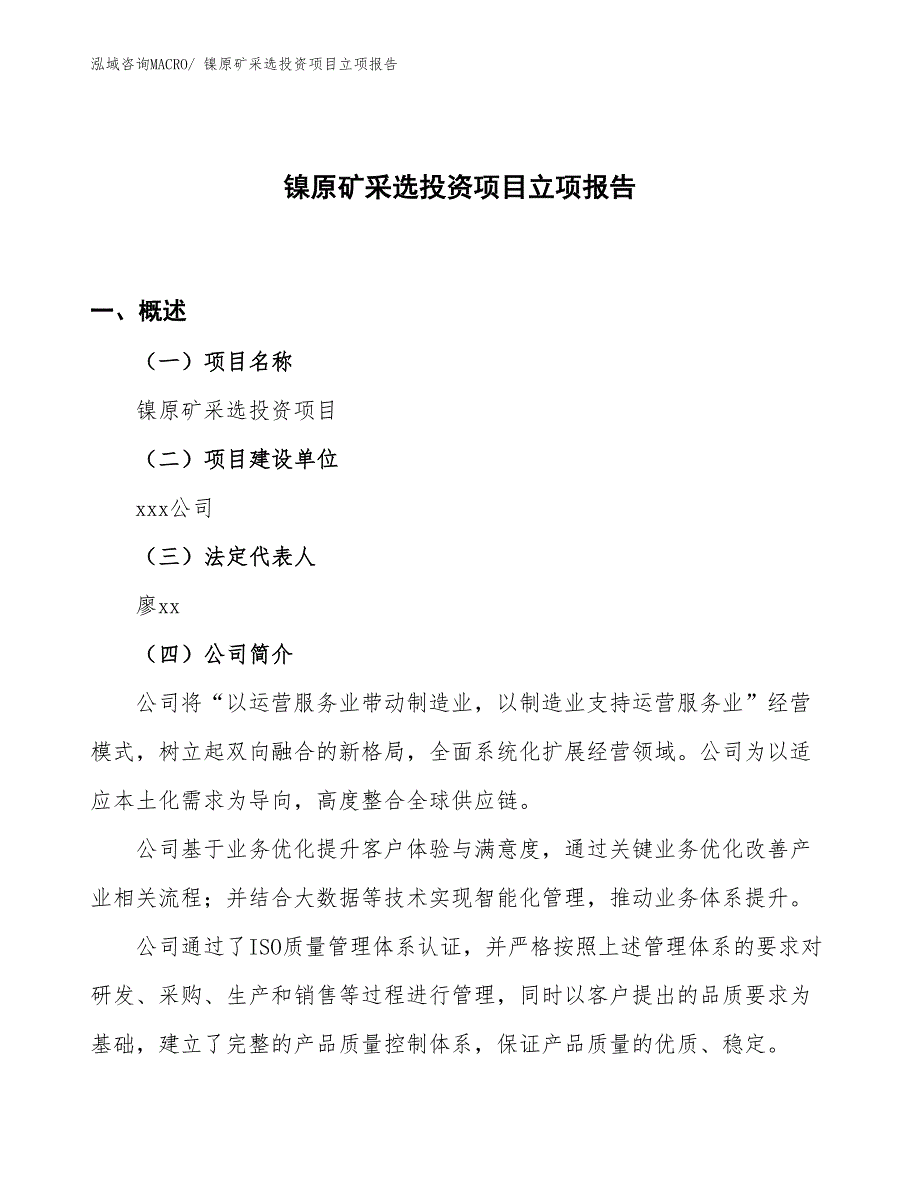 镍原矿采选投资项目立项报告_第1页