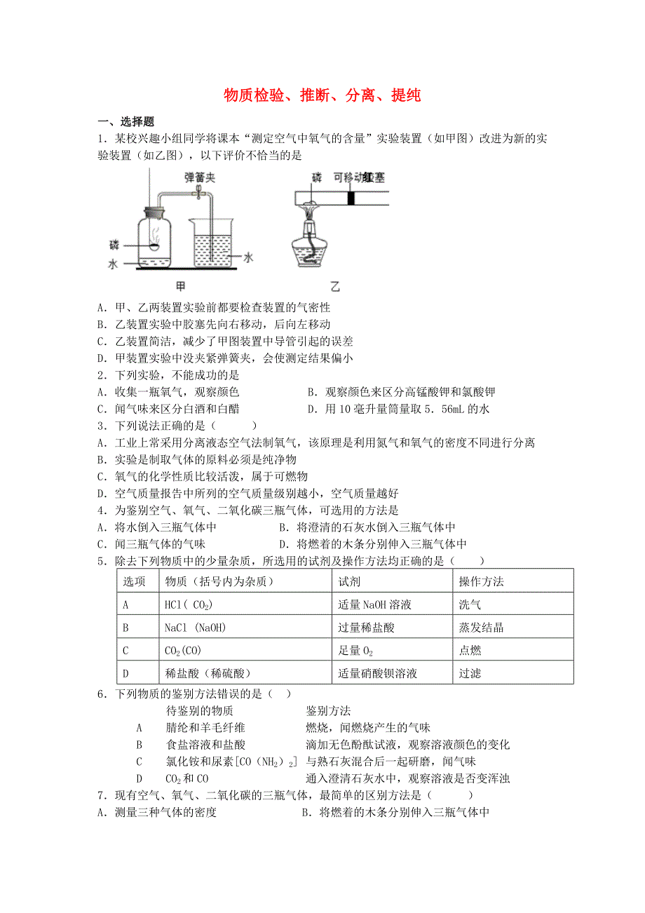 2015年中考化学二轮专项复习 物质检验、推断、分离、提纯_第1页