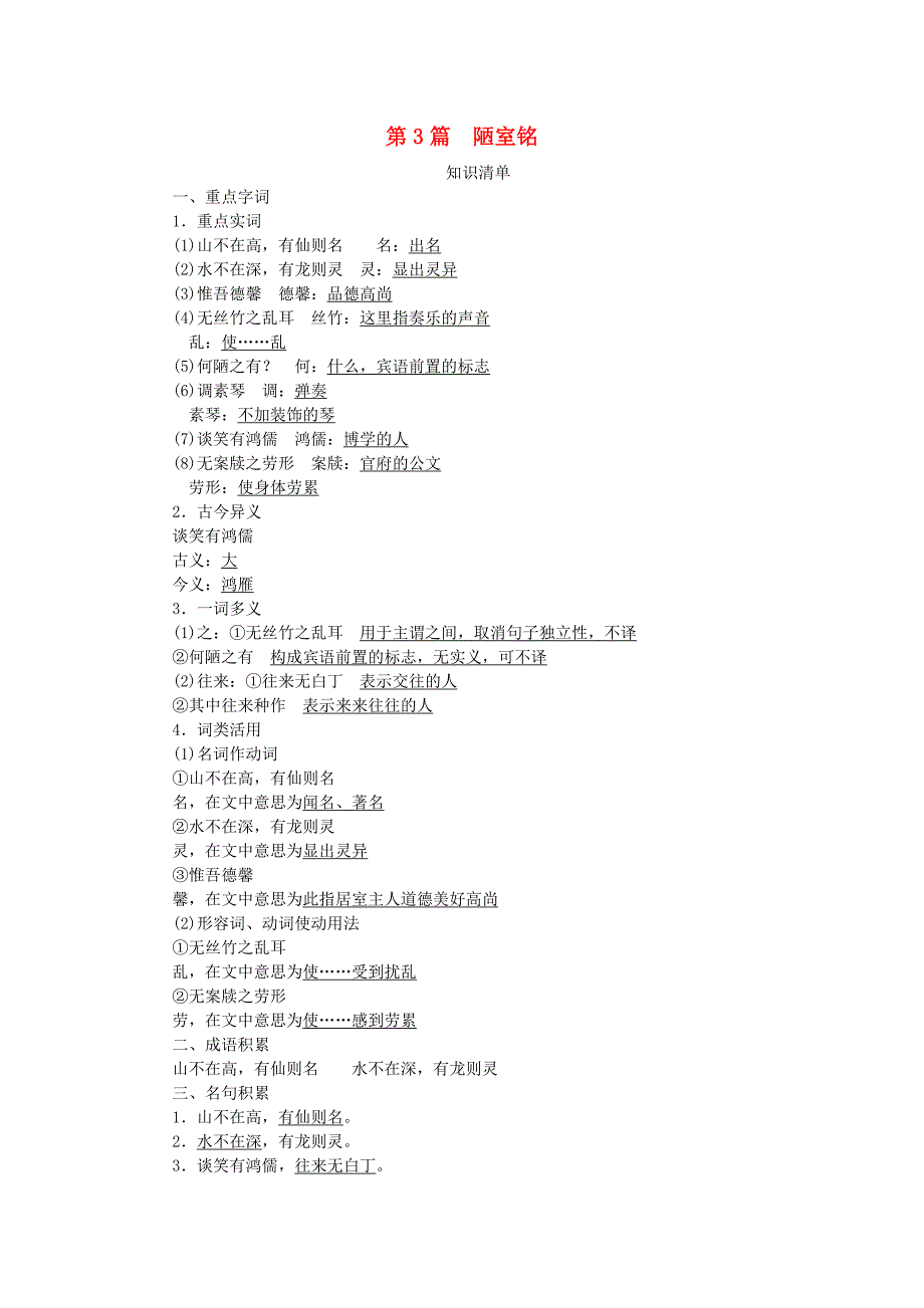 2015届中考语文 知识清单复习 第3篇 陋室铭_第1页