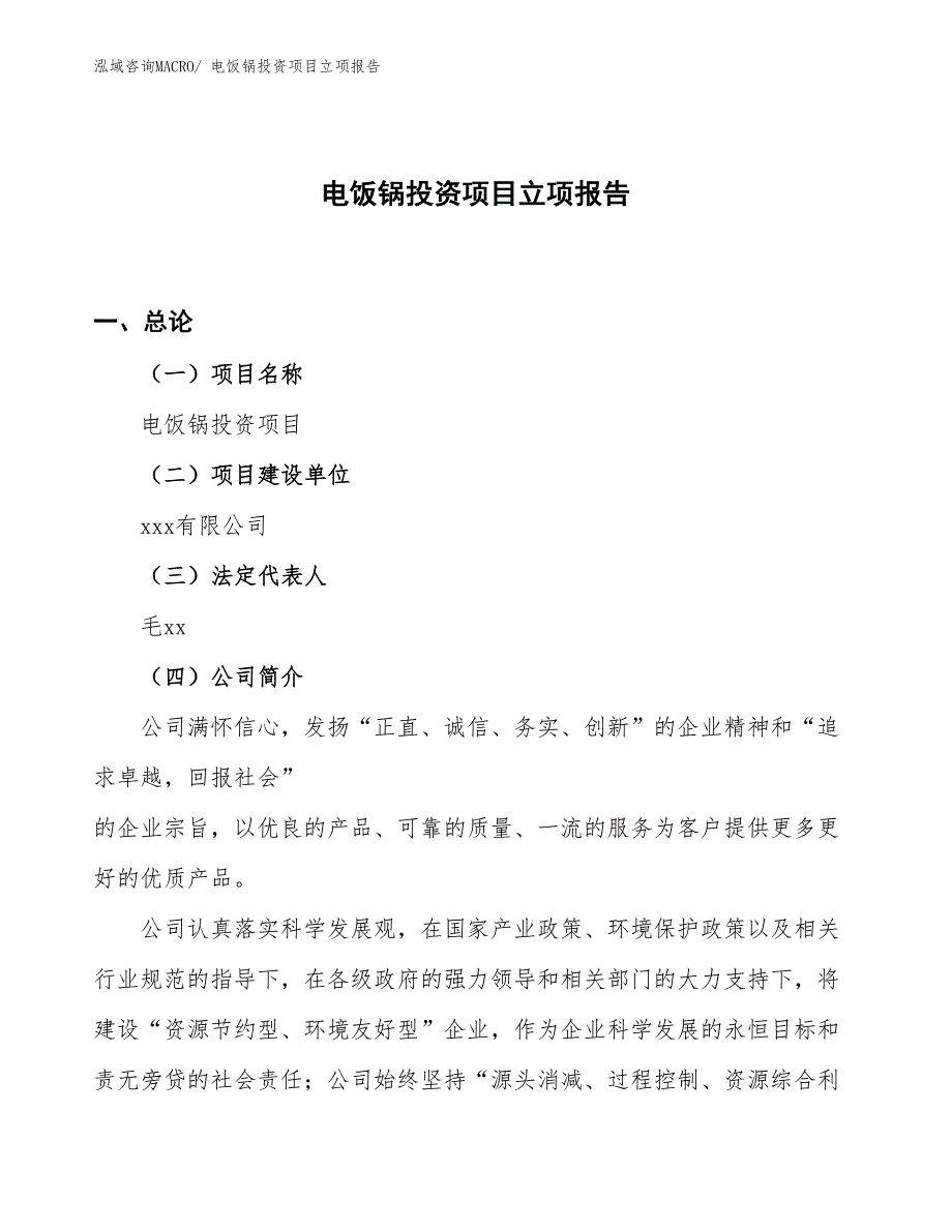 电饭锅投资项目立项报告_第1页