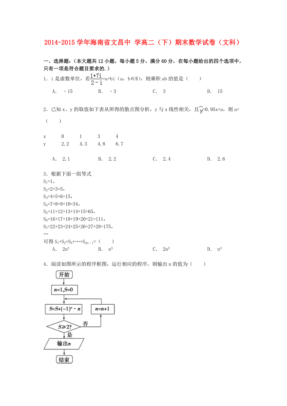 海南省2014-2015学年高二数学下学期期末试卷 文（含解析）_第1页