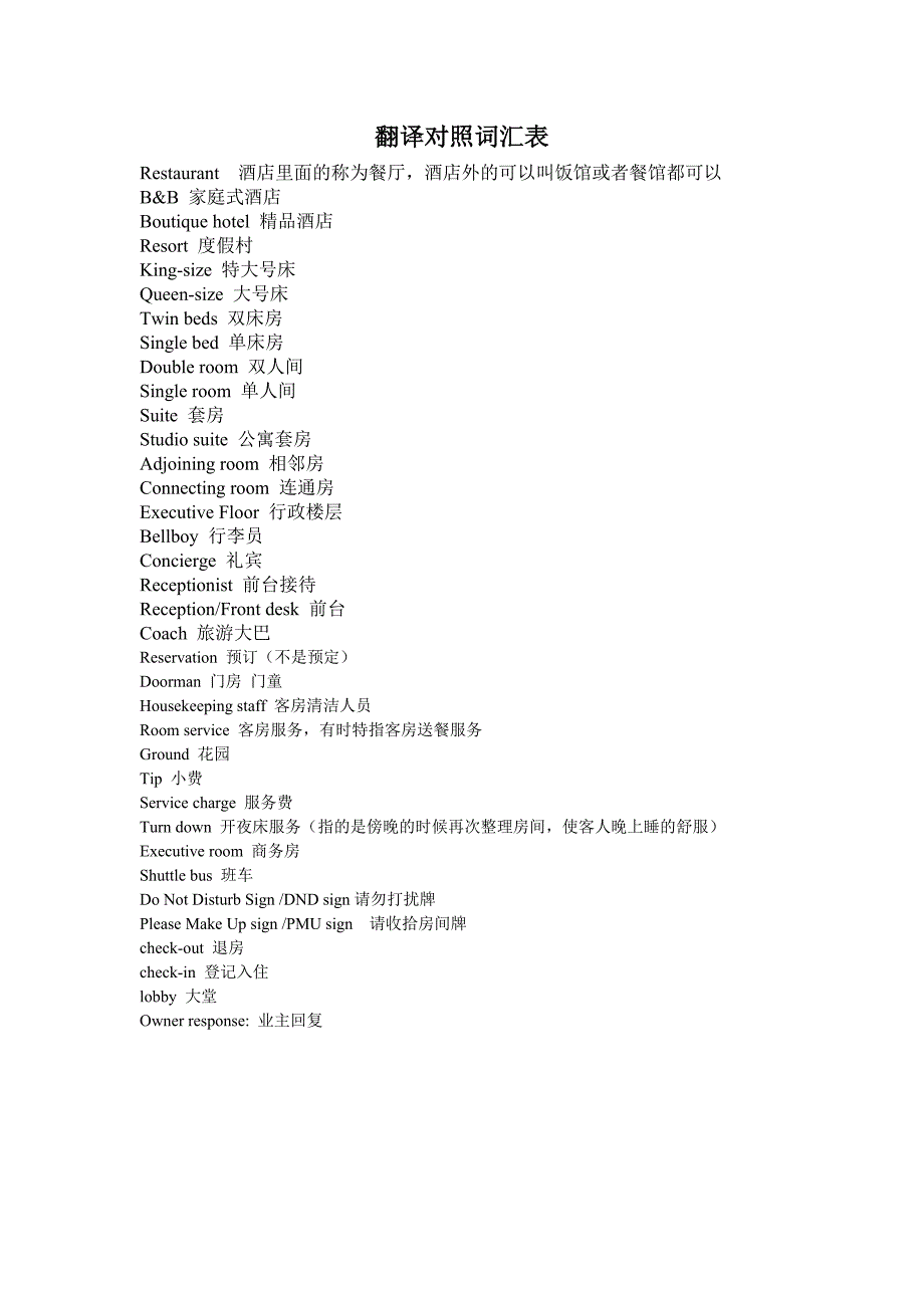 星级酒店常用英语词汇及中文翻译对照词汇表.doc_第1页