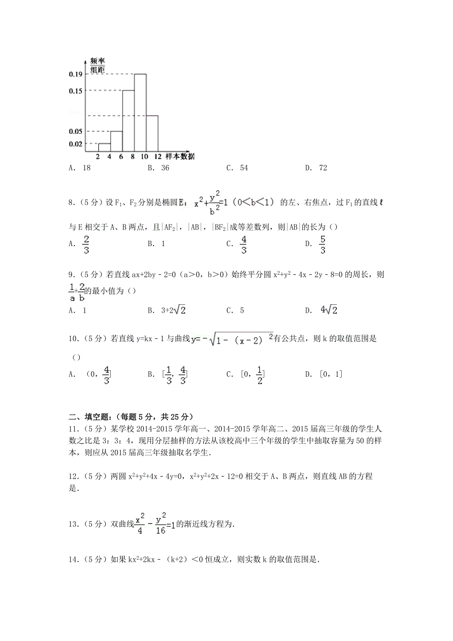 四川省2014-2015学年高二数学上学期第三次月考试卷 文（含解析）_第2页