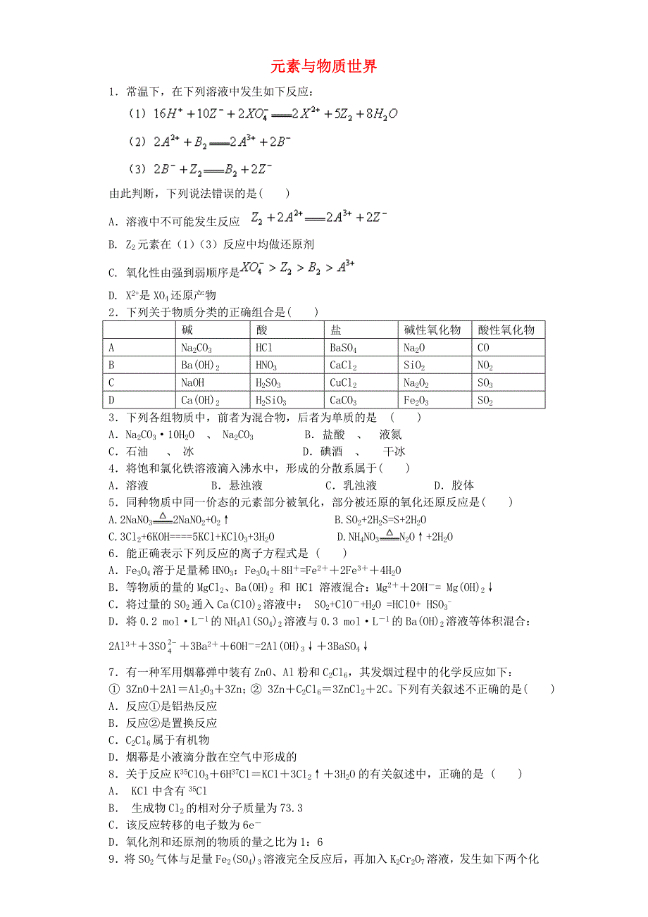 2016届高考化学 元素与物质世界单元过关练（含解析）鲁教版必修1_第1页