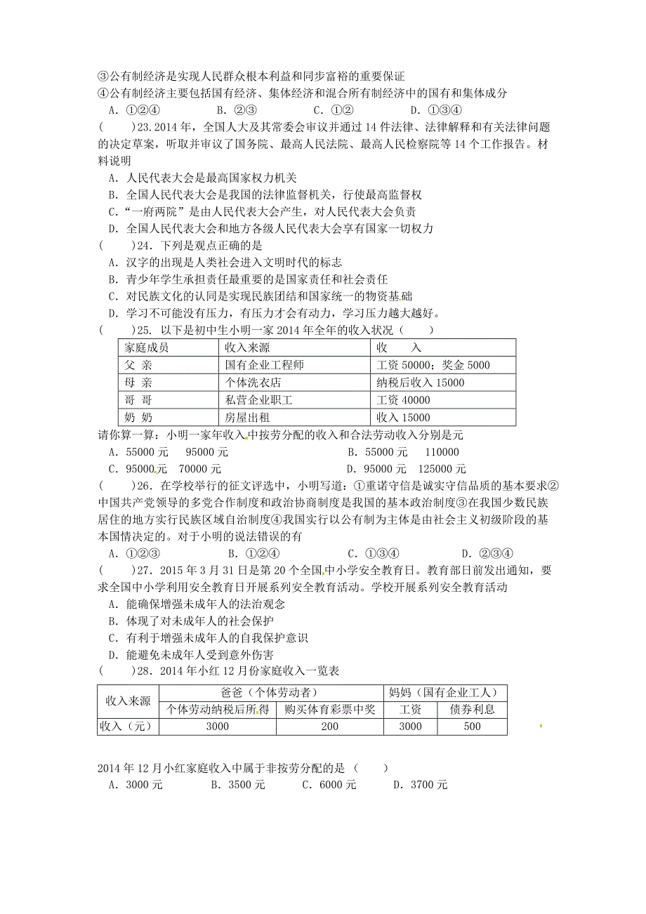 江苏省滨海县第一初级中学2015届中考政治一轮复习 错题集（客观题部分，无答案）_第4页