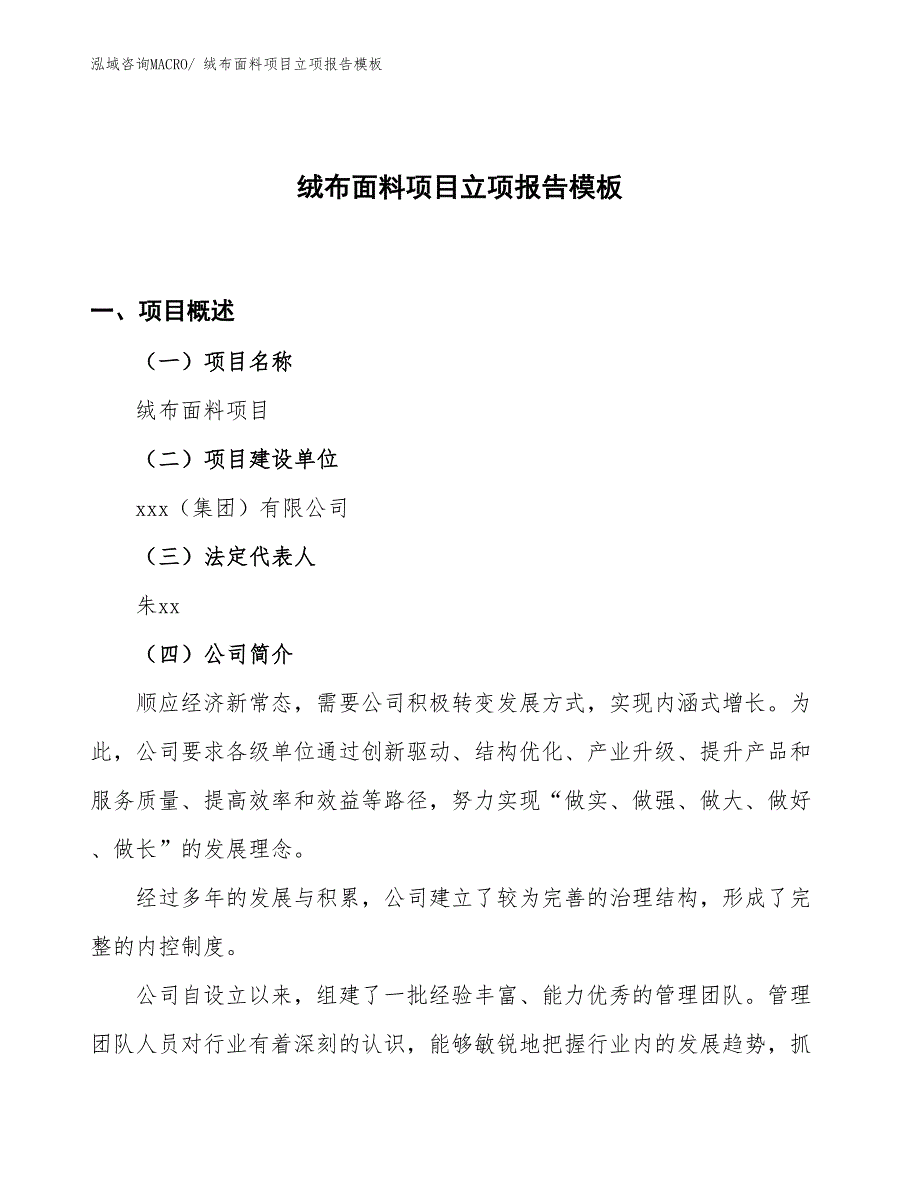 绒布面料项目立项报告模板_第1页