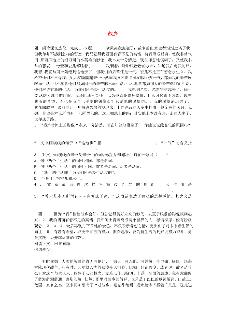 江苏省滨海县陆集中学九年级语文上册 5 故乡补充练习 新人教版_第1页
