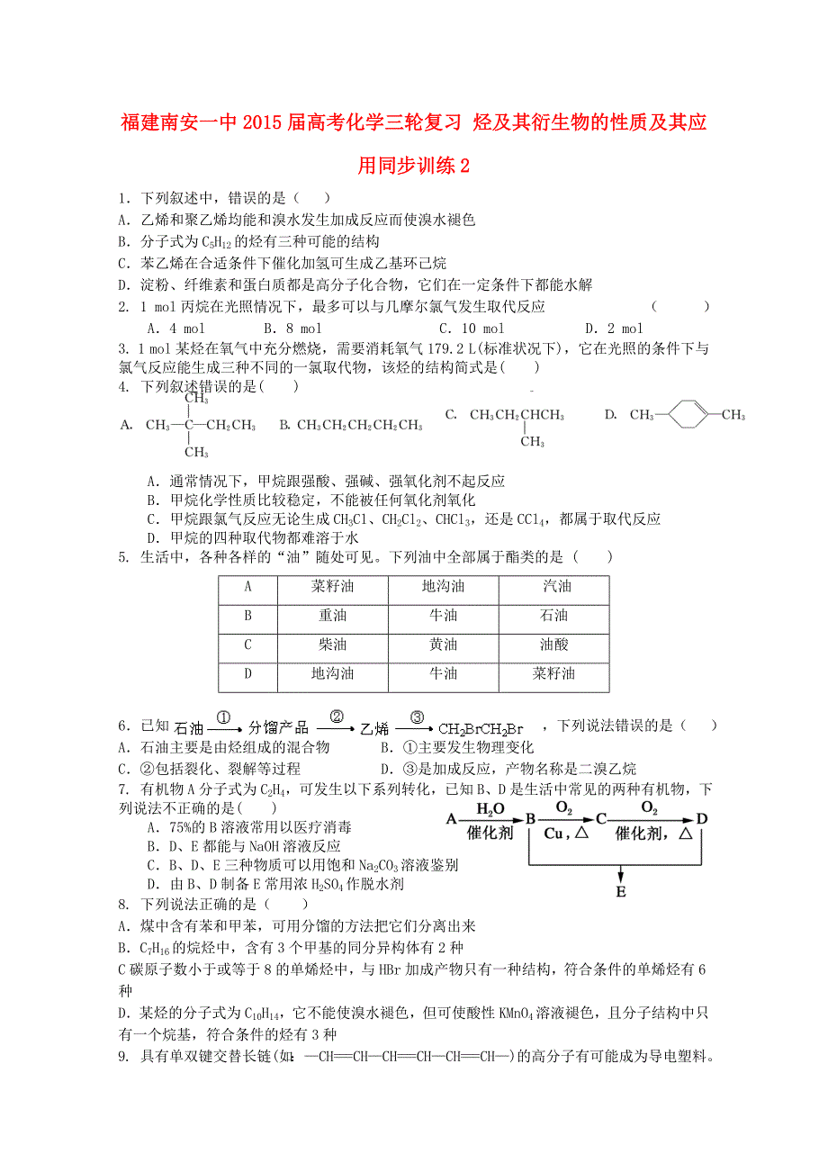 福建2015届高考化学三轮复习 烃及其衍生物的性质及其应用同步训练2_第1页