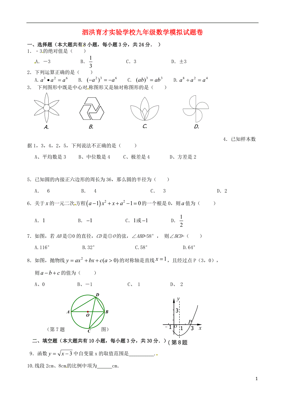 江苏省宿迁市泗洪育才实验学校九年级数学下学期模拟题 苏科版_第1页